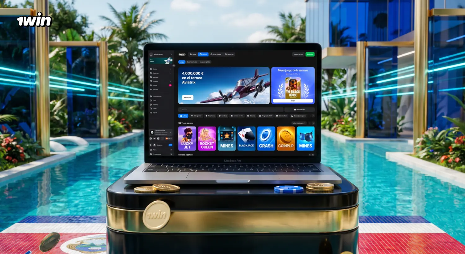 Sala de casino de 1win en una laptop, con el torneo Aviatrix y su premio en pantalla